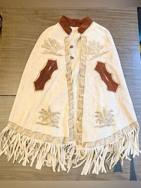 Vintage Native American Suede Leather Fringe Cape Poncho Eagle Western Rodeo NFR